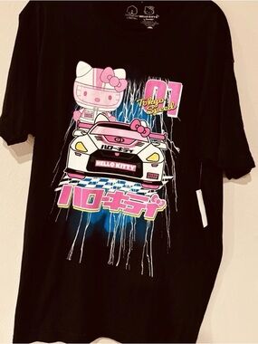 Hello Kitty Black Tee with Pink Racing Graphic